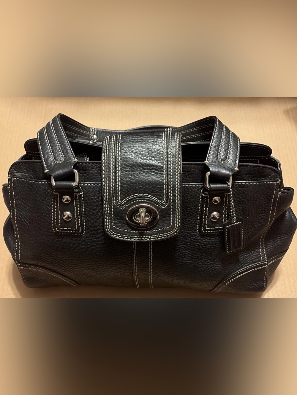 Coach Black Leather Shoulder Bag with White Stitching